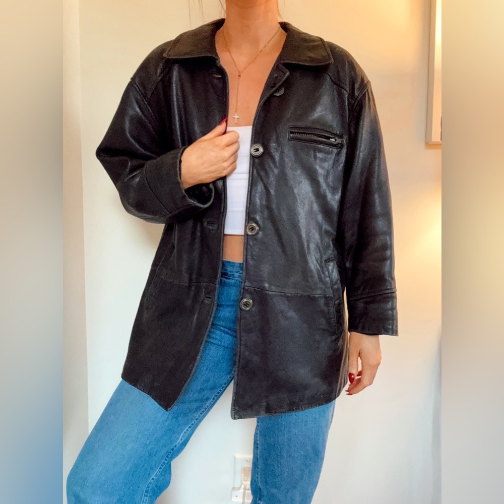 Danier Black Leather Button Front Jacket / Coat
